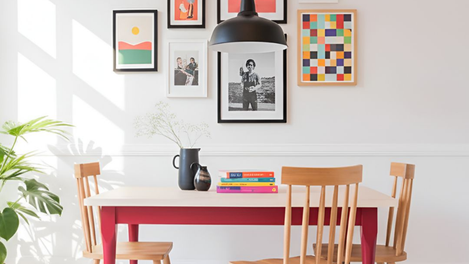 A Skandi table with red legs in a kitchen with pictures on the wall.