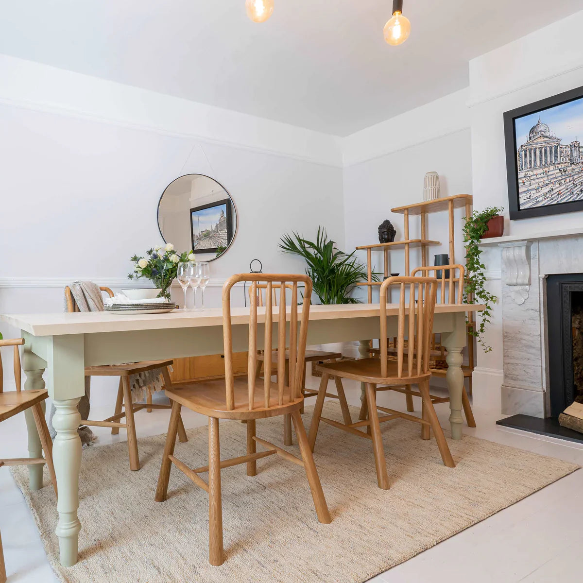 Olive green farmhouse table with chairs