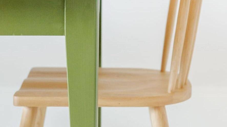 Wooden Dining Table Leg with Bright Green Legs.
