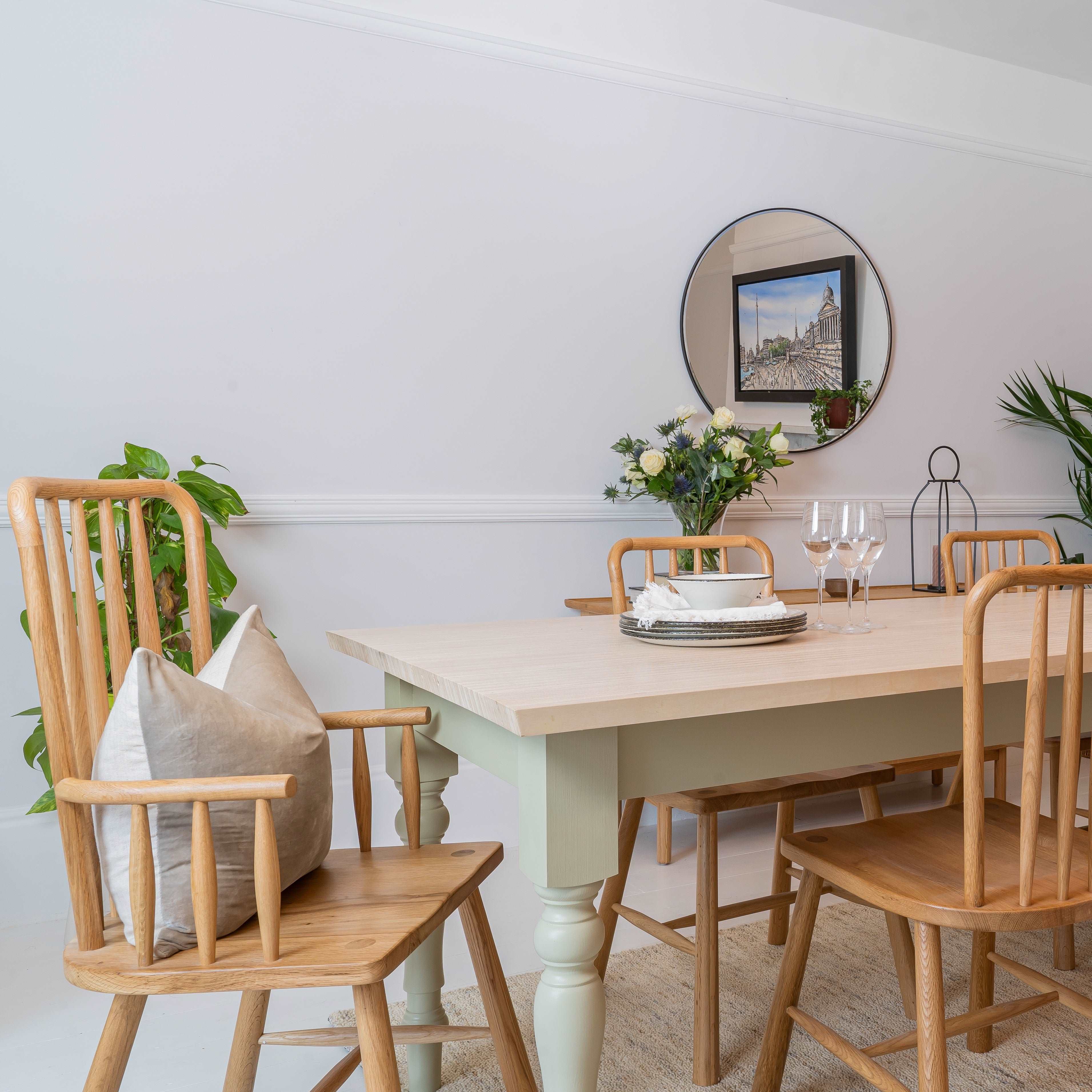 Farmhouse Wooden Dining Table in Poplar Ply with wooden chairs.