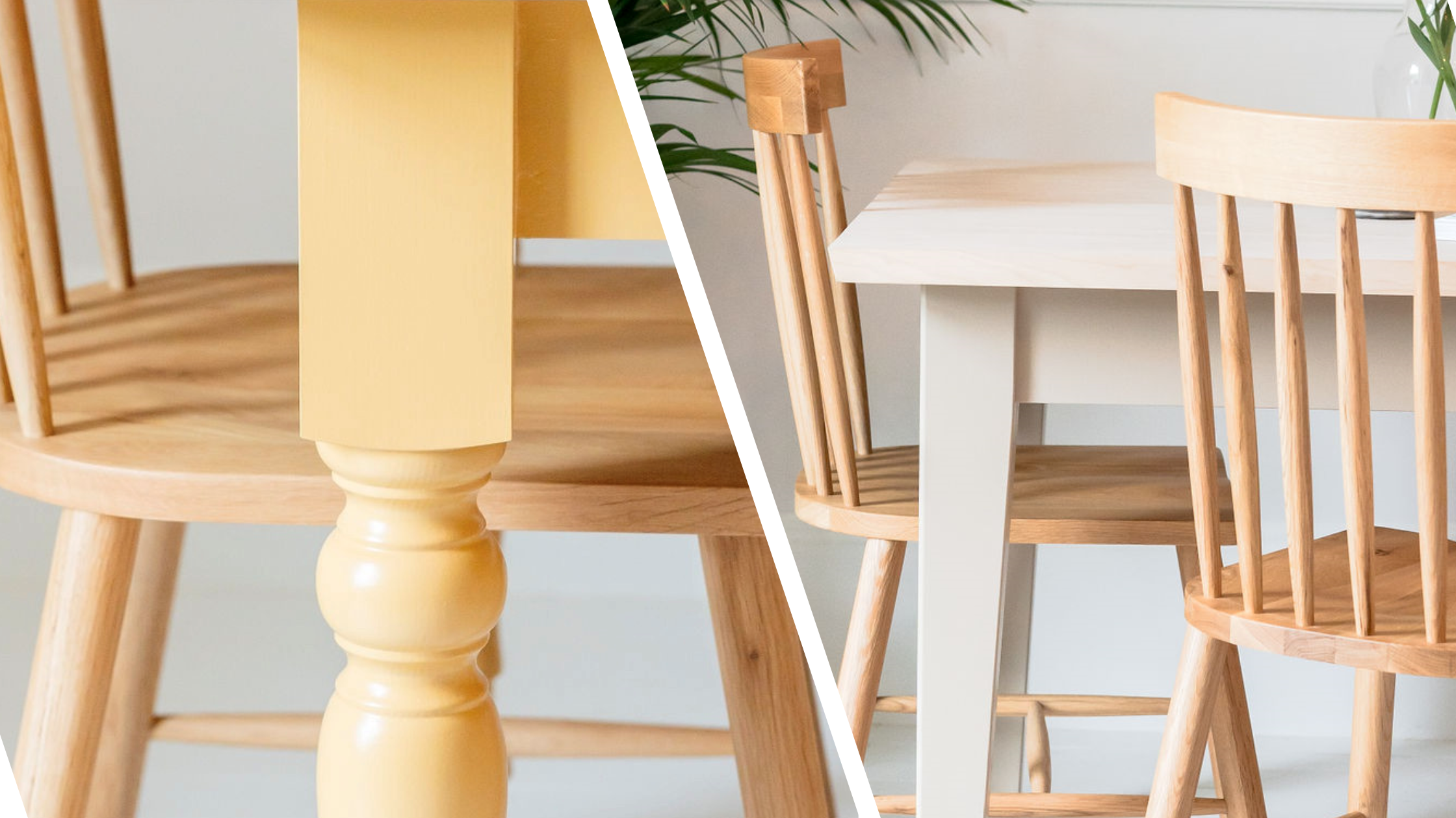 A comparison image of a Scandi Dining Table and a Farmhouse Dining Table  